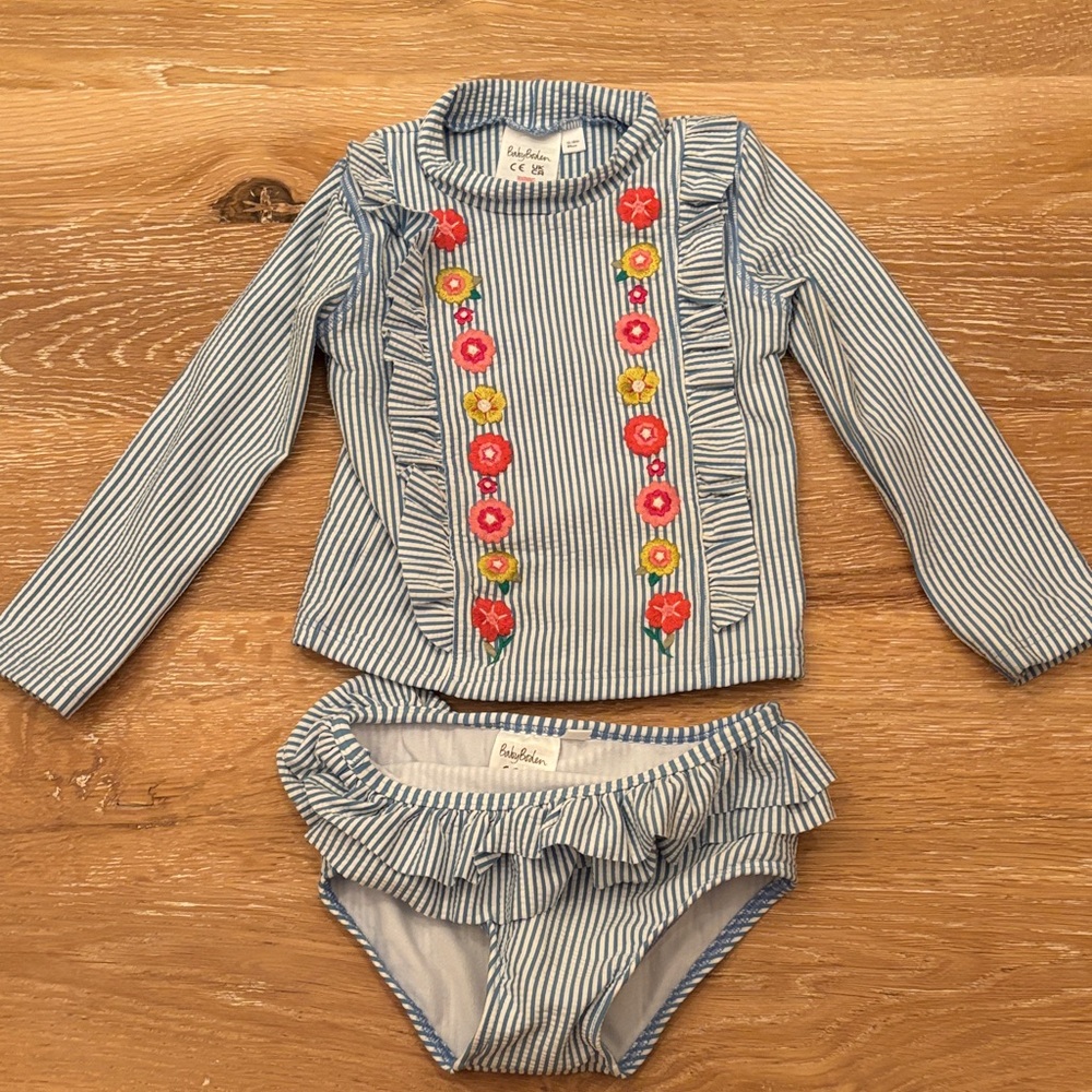 Mini Boden Blue & White Striped Floral Rashguard Set
